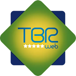 O logotipo apresenta um fundo verde em formato de losango, com bordas azul-escuras. No centro, há o texto 'TBR web' em azul, acompanhado de cinco estrelas